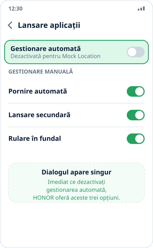 Gestionarea lansării aplicației pe HONOR: mod manual cu lansarea automată, lansarea secundară și rularea în fundal activate
