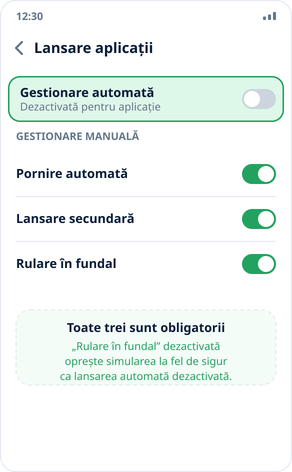 Setările Huawei: gestionarea automată a lansării este dezactivată pentru Mock Location, trei comutatoare sunt activate