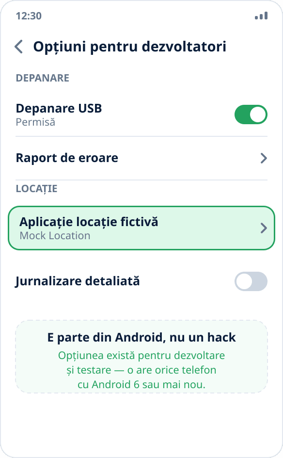 „Selectează aplicația pentru locația de testare” în opțiunile pentru dezvoltatori Android — lângă depanarea USB