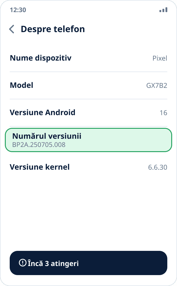 Ecranul „Despre telefon” din setările Android: este evidențiat „Numărul versiunii”, jos apare un indiciu cu atingerile rămase