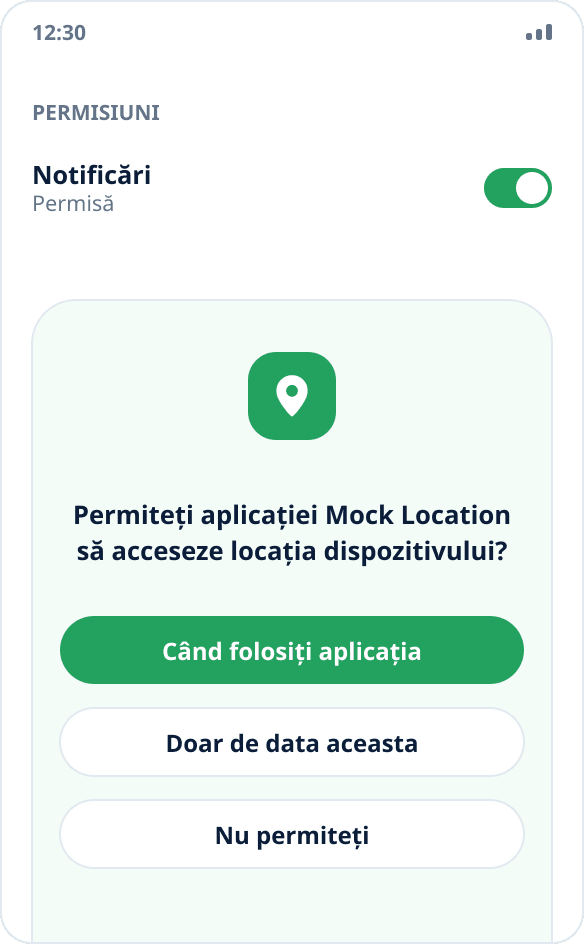Solicitarea de sistem Android pentru accesul la locație pentru aplicația Mock Location