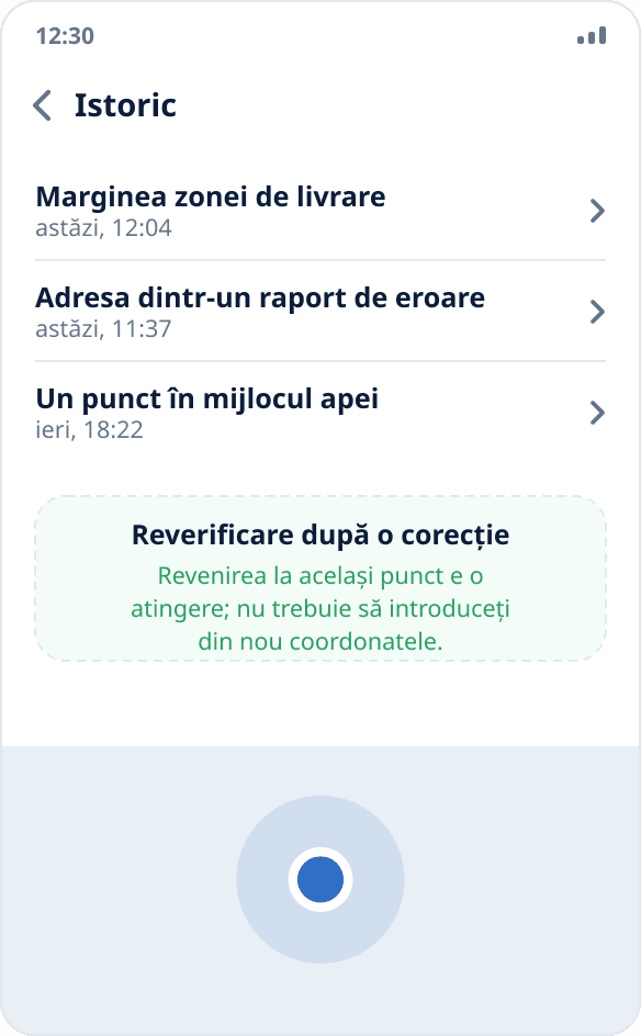 Istoricul pornirilor în Mock Location: la un punct dintr-un test anterior se revine dintr-o atingere