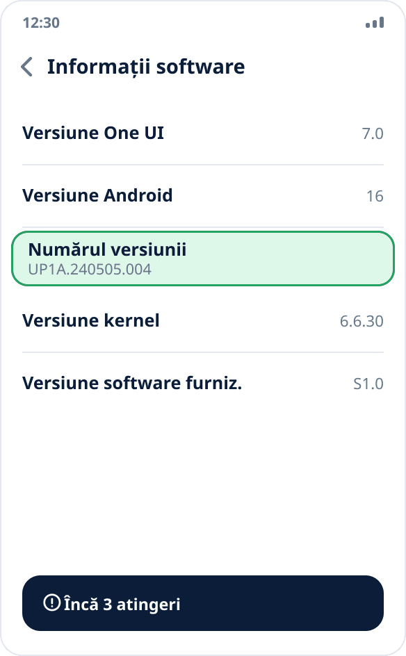 Ecranul „Informații software” pe Samsung: este evidențiat „Numărul versiunii”, pe care trebuie atins de șapte ori