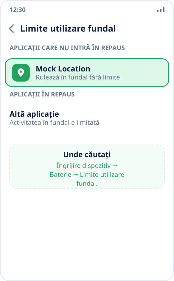Setările Samsung: Mock Location este adăugată în lista fără restricții pentru activitatea în fundal