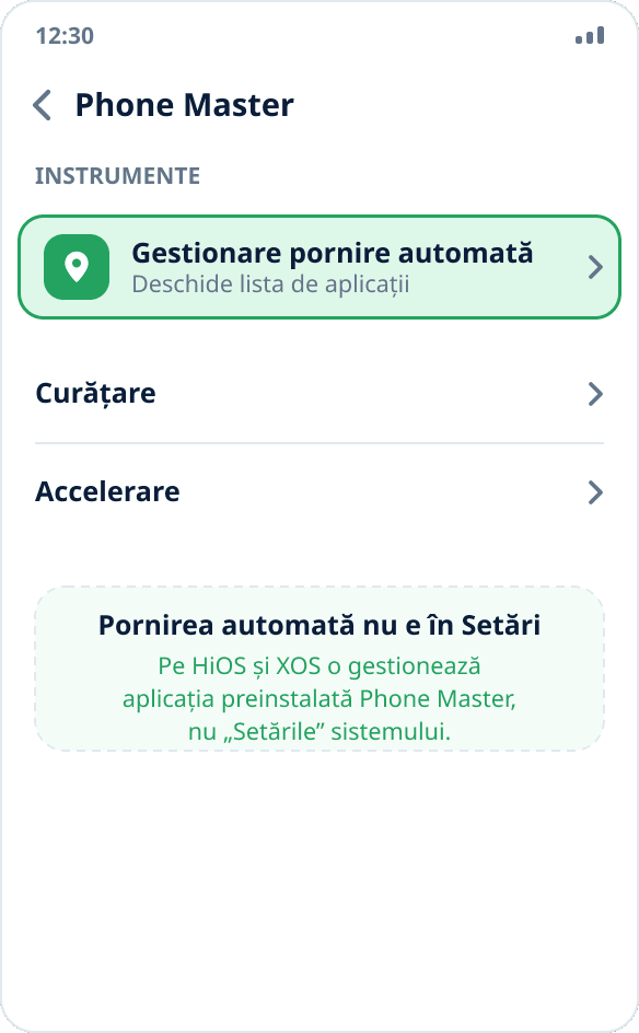 Aplicația Phone Master pe Tecno și Infinix: secțiunea „Gestionare pornire automată” cu comutatorul activat
