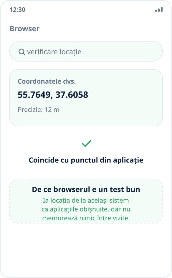 Verificarea locației în browser: pagina arată coordonate care coincid cu punctul ales
