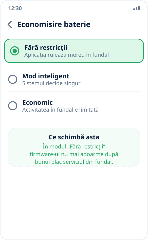 Alegerea modului de economisire a bateriei pentru aplicație: este bifat „Fără restricții”