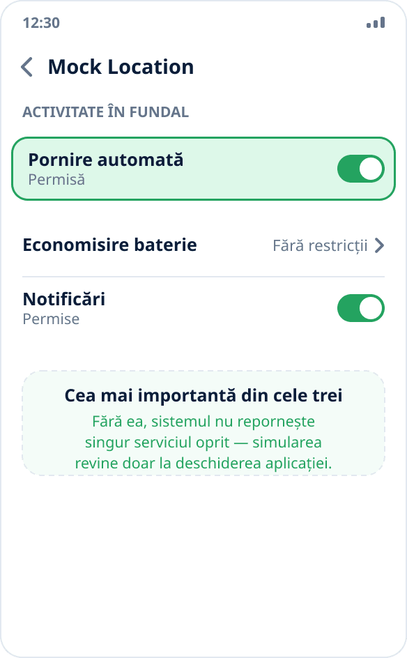 Ecranul aplicației în setările MIUI: comutatorul „Pornire automată” este activat