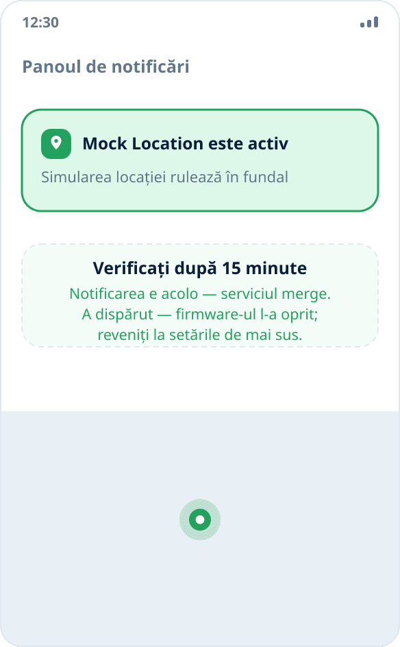 Notificarea permanentă Mock Location în panou: simularea locației rulează în fundal
