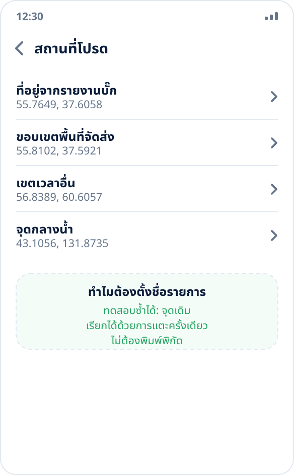 รายการสถานที่โปรดใน Mock Location: ชุดจุดอ้างอิงสำหรับการทดสอบซ้ำ