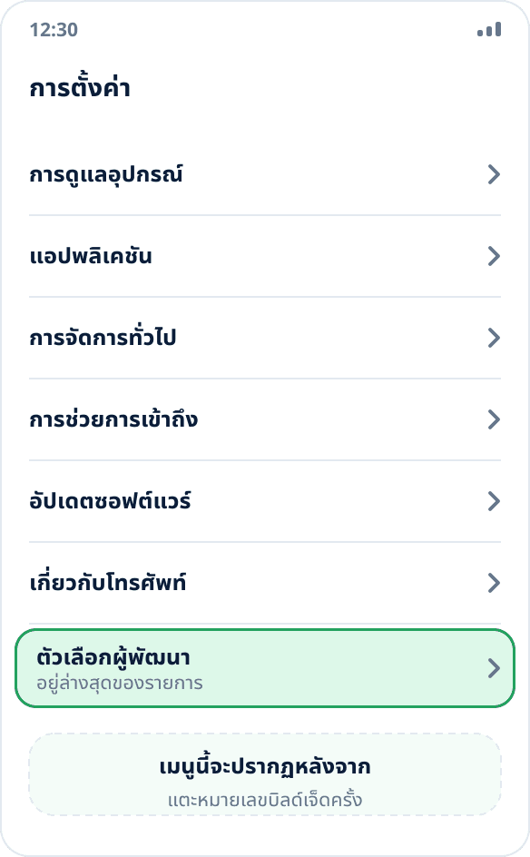 รายการการตั้งค่าหลักของ Samsung: “ตัวเลือกผู้พัฒนา” อยู่ล่างสุด