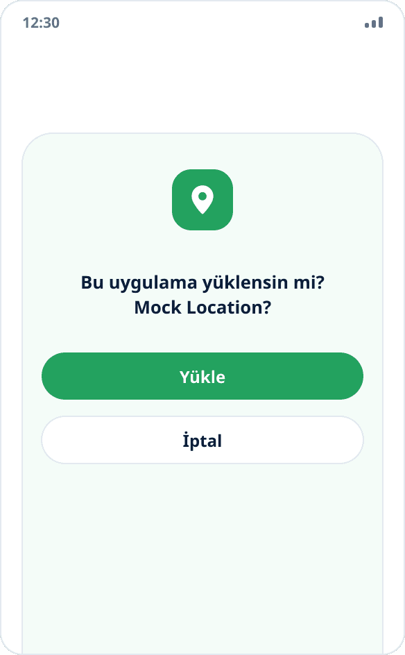 Mock Location için «Yükle» ve «İptal» düğmeli sistem yükleme penceresi