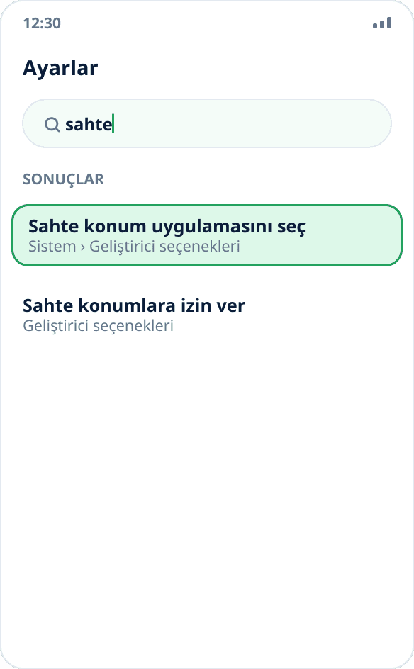 Android ayarlarında arama: «Sahte konum uygulamasını seç» öğesi bulundu
