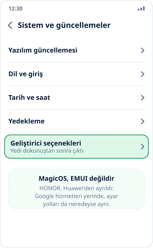 HONOR'da «Sistem ve güncellemeler» bölümü: mod açıldıktan sonra «Geliştirici seçenekleri»