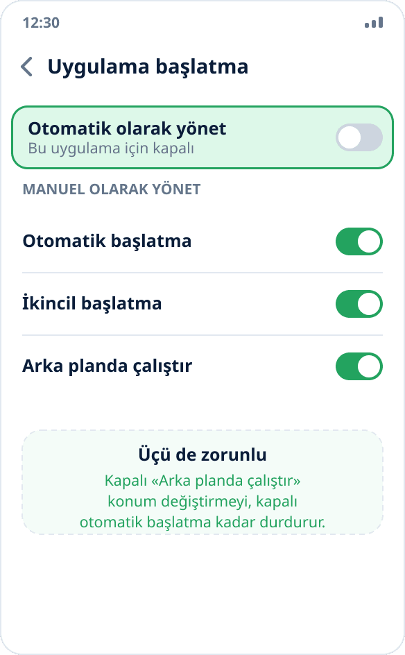 Huawei ayarları: Mock Location için otomatik başlatma yönetimi kapalı, üç anahtar açık