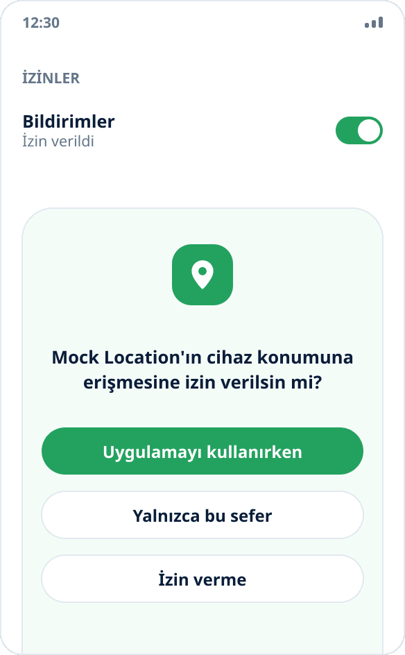 Mock Location için Android'in konum erişimi isteyen sistem penceresi