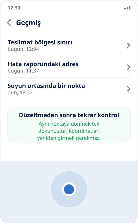 Mock Location'da başlatma geçmişi: önceki testteki bir noktaya tek dokunuşla dönülebilir