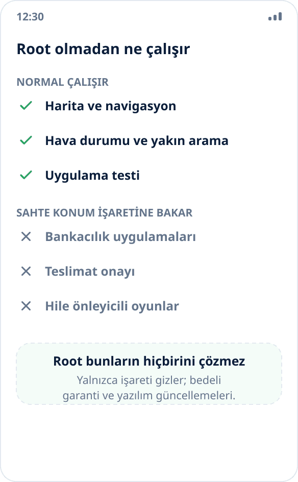 Senaryoların karşılaştırması: haritalar, hava durumu ve test root olmadan çalışır; bankacılık uygulamaları ve hile önleyiciler çalışmaz