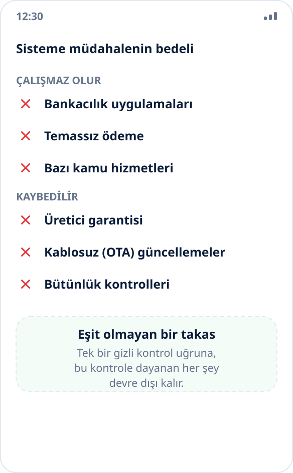 Önyükleyici kilidini açıp root aldıktan sonra neler çalışmaz: bankalar, ödeme, kamu hizmetleri, garanti ve güncellemeler