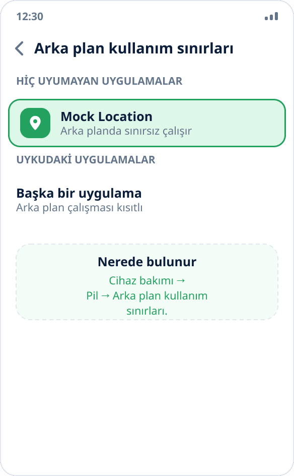 Samsung ayarları: Mock Location, arka plan çalışması için sınırlanmayan uygulamalar listesine eklendi