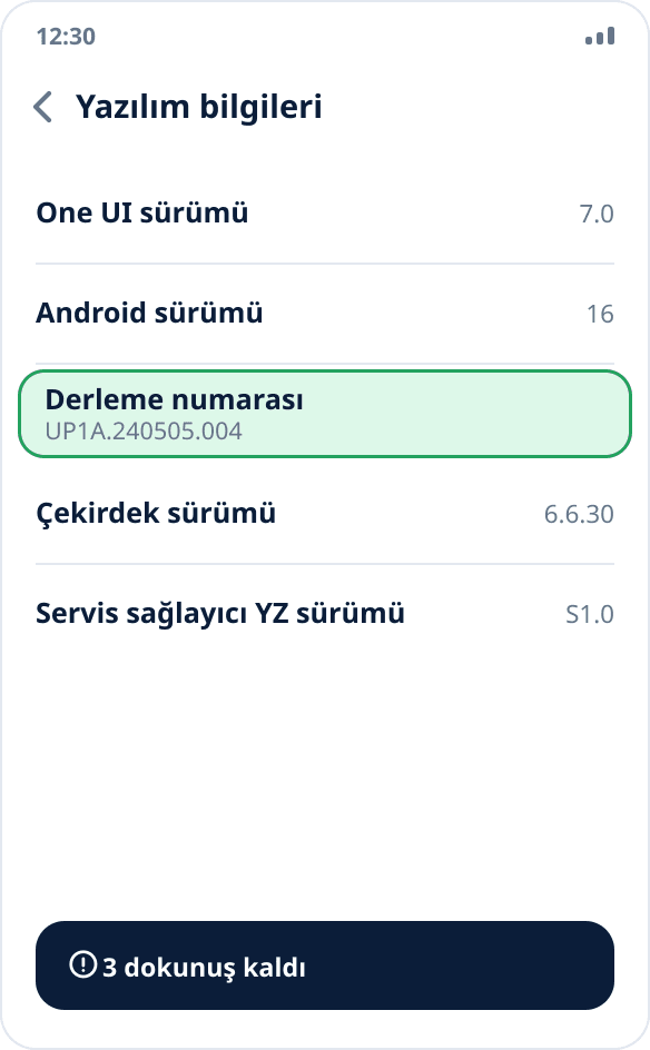 Samsung'da «Yazılım bilgileri» ekranı: yedi kez dokunulması gereken «Yapım numarası» öğesi vurgulanmış