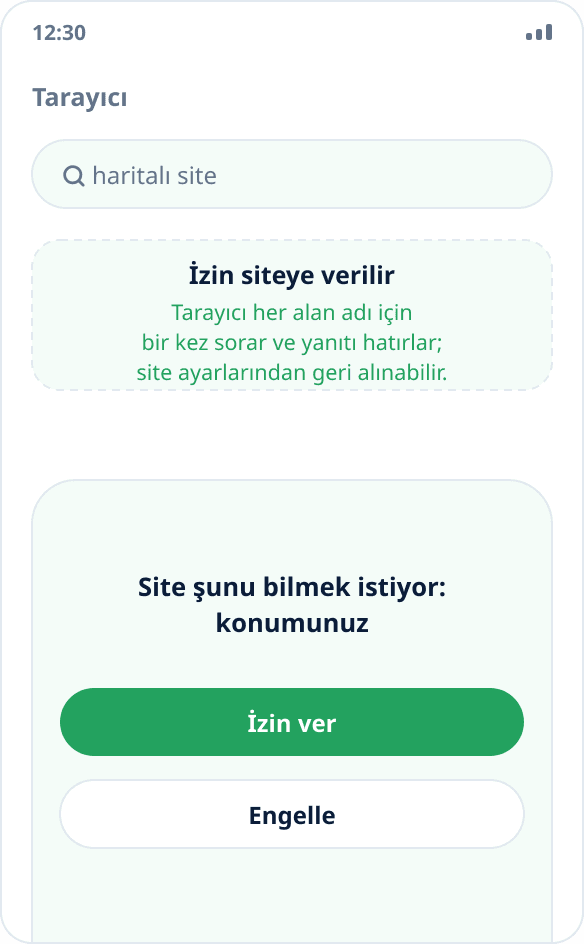 Tarayıcının konum erişimi isteği: izin verildikten sonra site sahte koordinatları alır