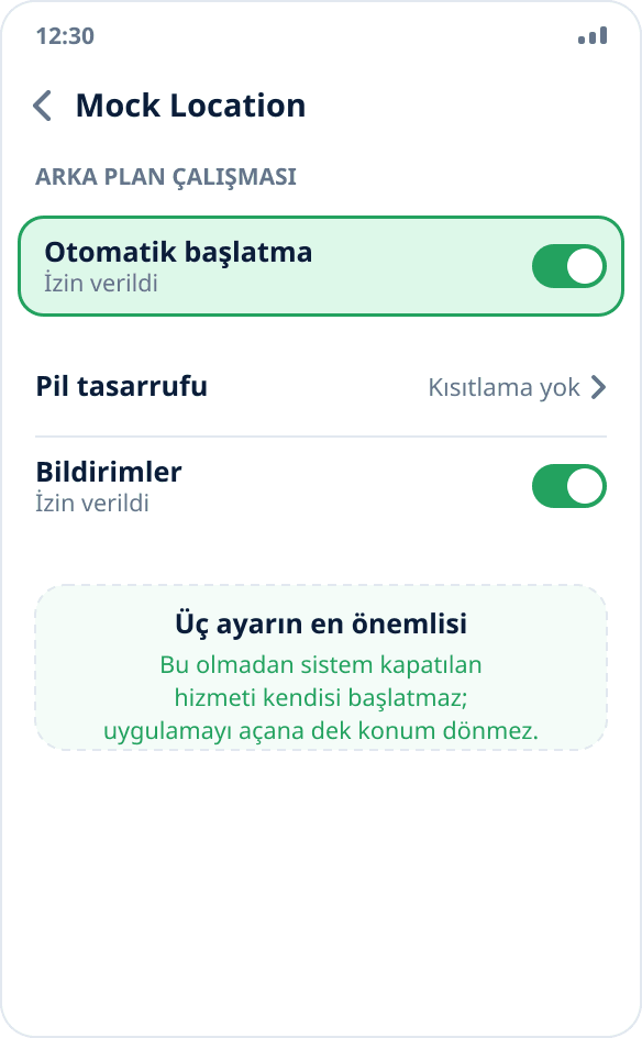 MIUI ayarlarındaki uygulama ekranı: «Otomatik başlatma» anahtarı açık