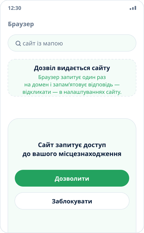 Запит браузера на доступ до місцезнаходження: після дозволу сайт отримує підмінені координати