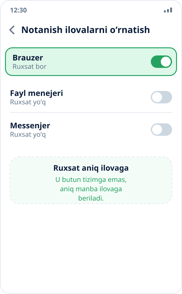 Android sozlamalari: brauzer uchun «Shu manbadan ruxsat» yoqilgan