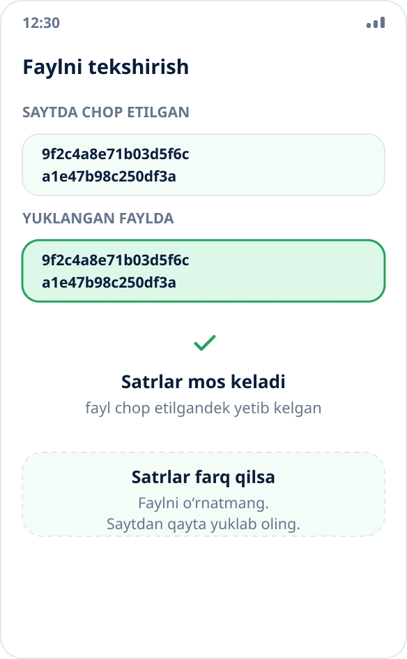 Nazorat summasini solishtirish: yuklab olingan fayl xeshi saytda chop etilgani bilan mos