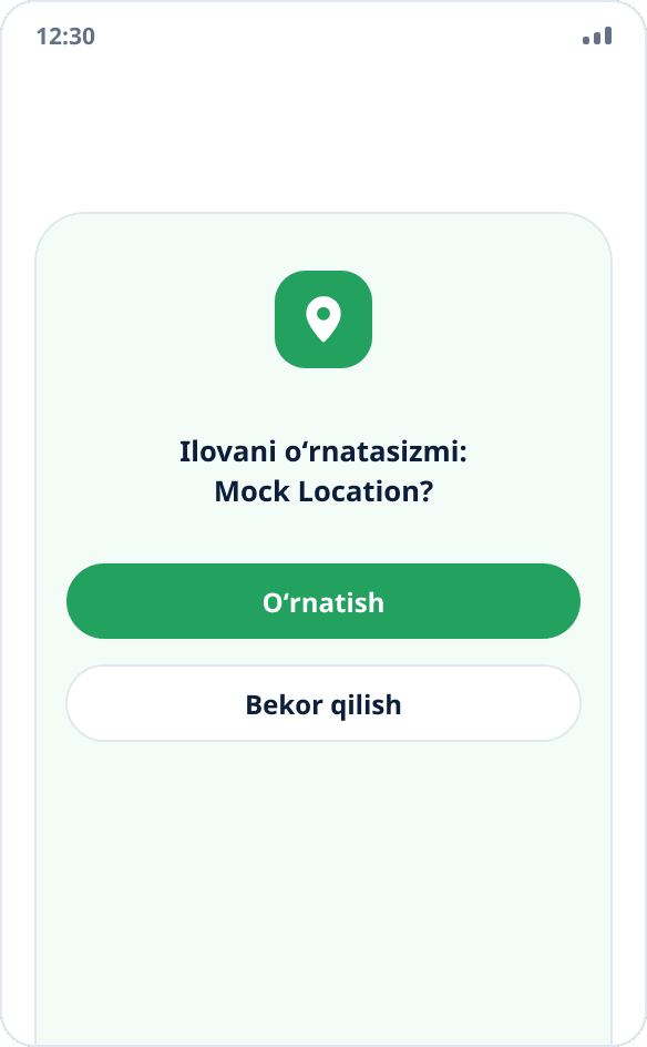 Mock Location ilovasini oʻrnatish tizim oynasi: «Oʻrnatish» va «Bekor qilish» tugmalari