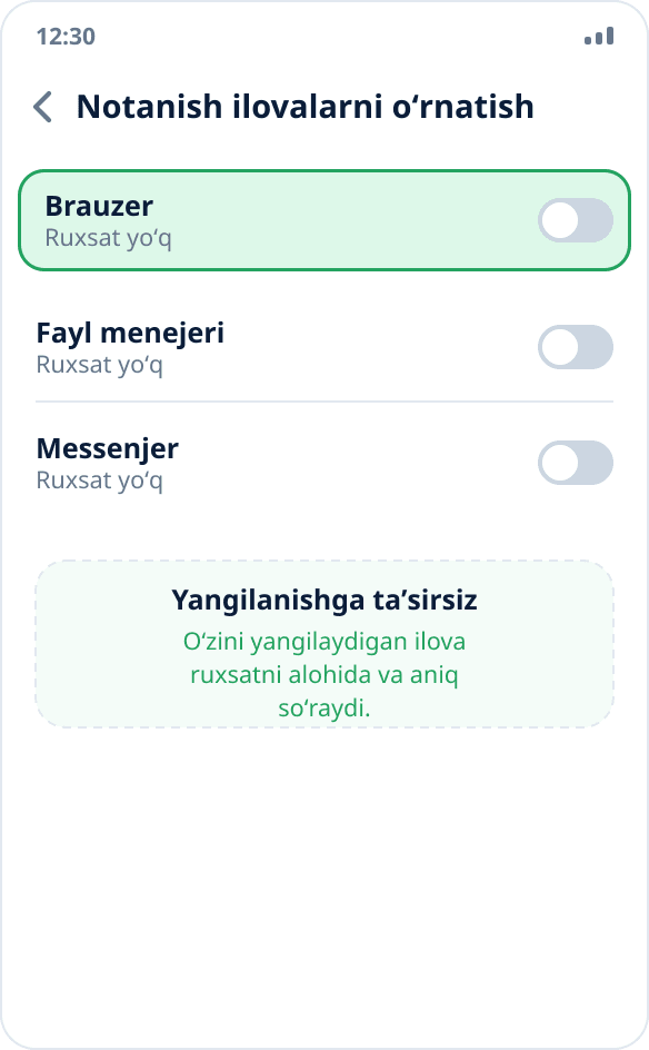 Ilova oʻrnatilgandan keyin manbadan oʻrnatish ruxsati oʻchirilgan