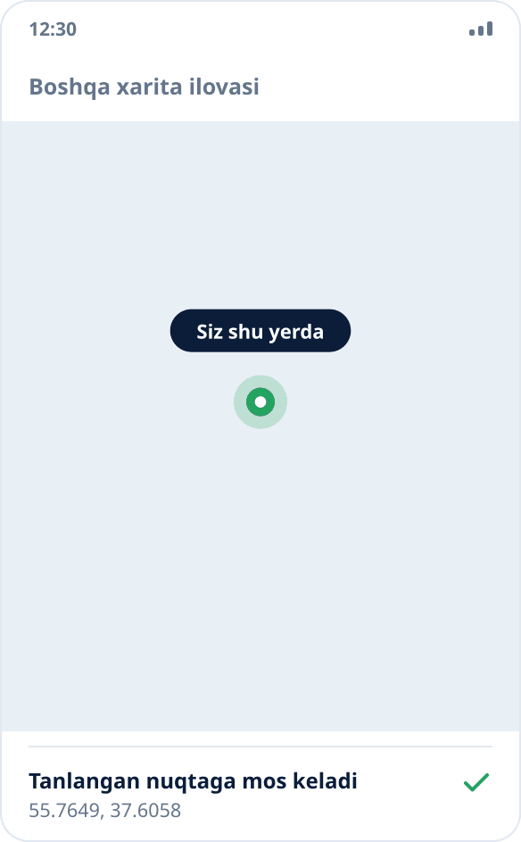 Boshqa xarita ilovasi joylashuvni almashtirilgan nuqtada koʻrsatmoqda — almashtirish ishlayapti
