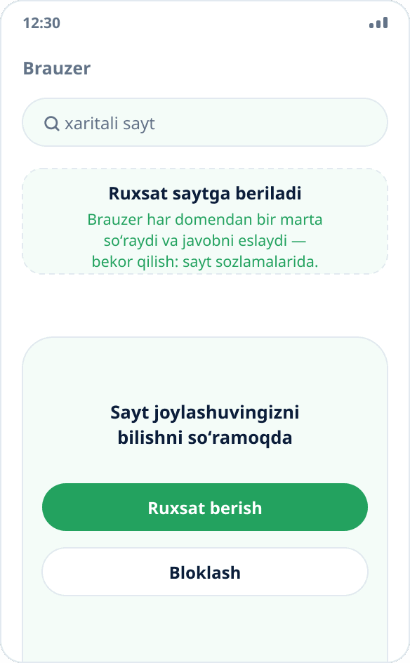 Brauzerning joylashuvga ruxsat soʻrovi: ruxsat berilgach, sayt almashtirilgan koordinatalarni oladi