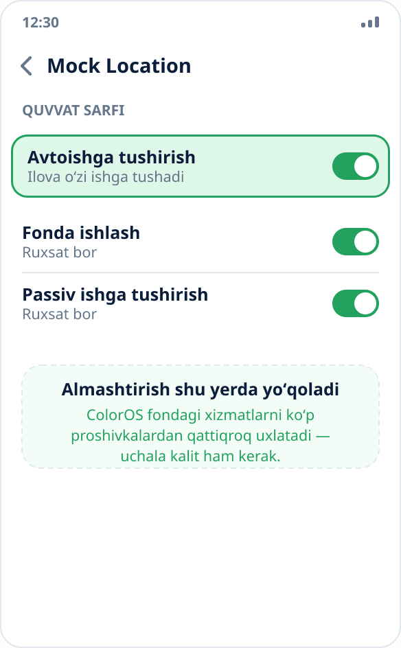 ColorOS’da ilovani boshqarish: Mock Location uchun avtoishga tushirish va fonda ishlashga ruxsat berilgan