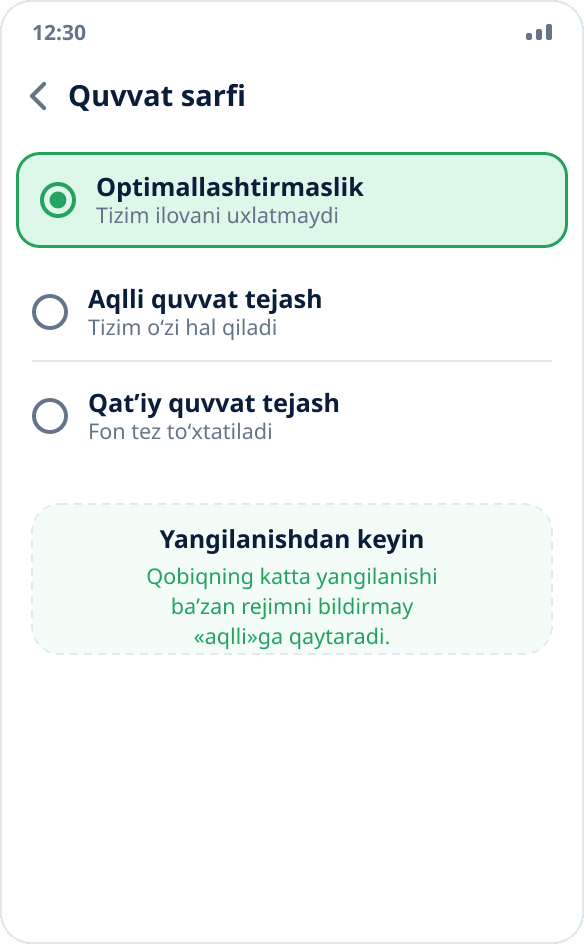 ColorOS’da quvvat sarfi rejimini tanlash: ilova uchun «Optimallashtirmaslik» belgilangan