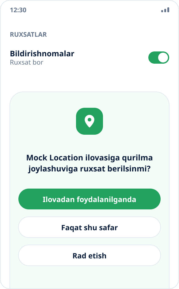 Mock Location ilovasi uchun Android’ning joylashuvga ruxsat soʻrovi