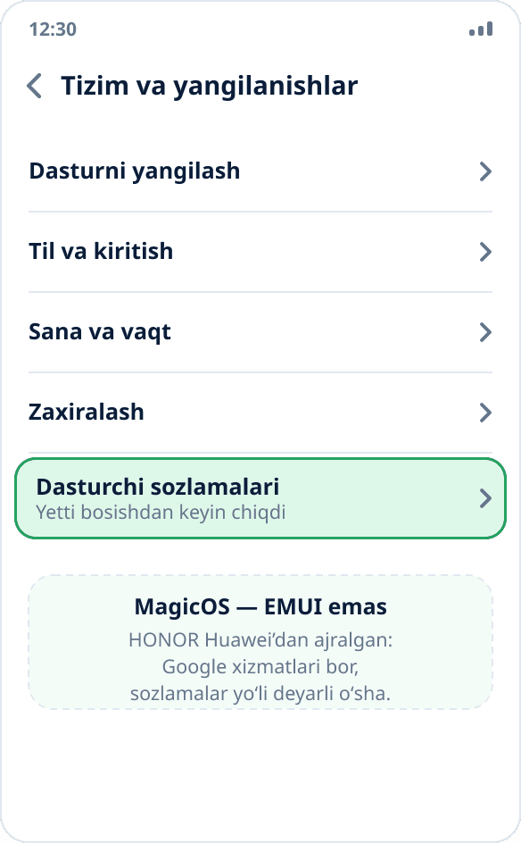 HONOR’dagi «Tizim va yangilanishlar» boʻlimi: rejim yoqilgandan keyin «Dasturchi sozlamalari» bandi