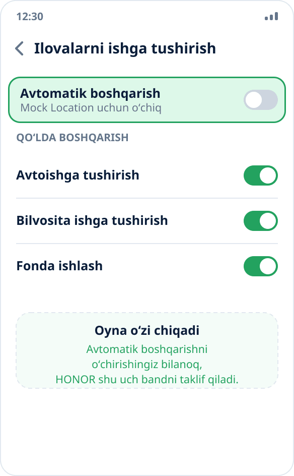 HONOR’da ilovani ishga tushirishni boshqarish: avtoishga tushirish, bilvosita ishga tushirish va fonda ishlash yoqilgan qoʻlda boshqarish rejimi