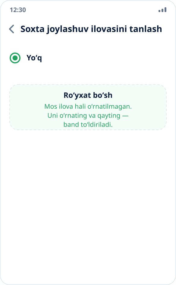 Soxta joylashuv ilovalarining boʻsh roʻyxati: «Yoʻq» tanlangan, mos ilova oʻrnatilmagan