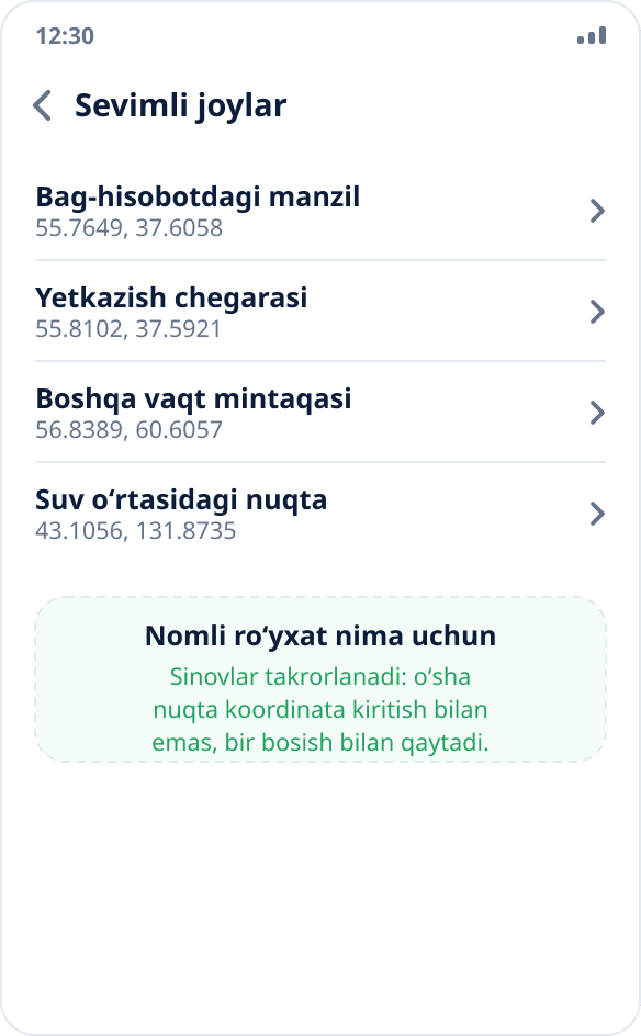 Mock Location’dagi sevimli joylar roʻyxati: takroriy sinovlar uchun etalon nuqtalar toʻplami