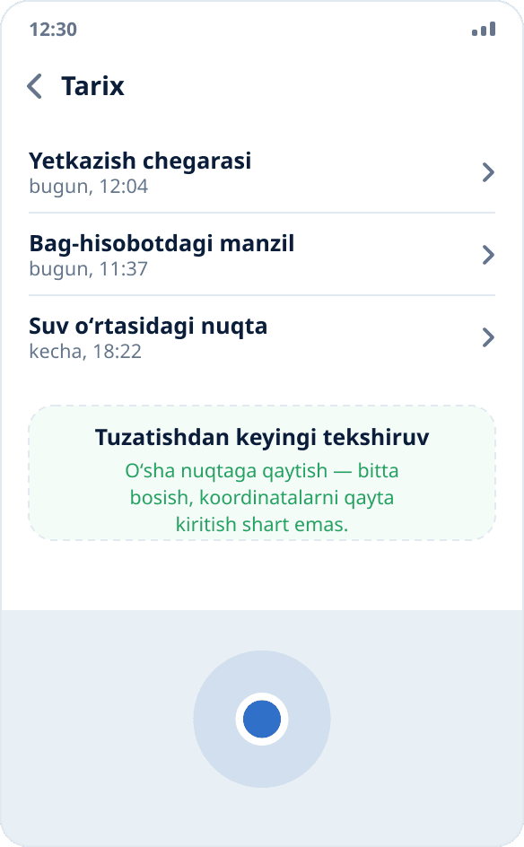 Mock Location’dagi ishga tushirishlar tarixi: oldingi sinov nuqtasiga bir bosishda qaytish mumkin
