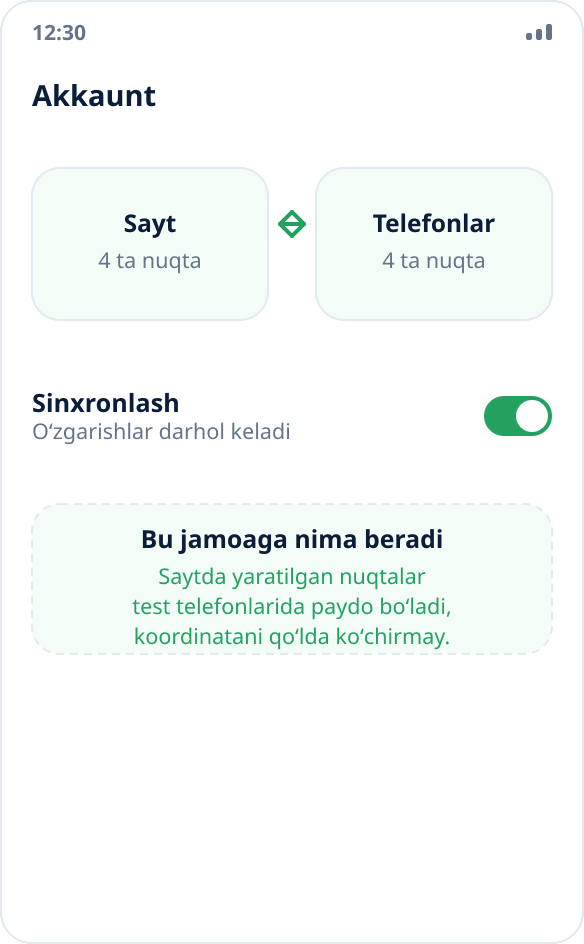 Nuqtalar toʻplamini akkaunt orqali sayt va test qurilmalari oʻrtasida sinxronlash