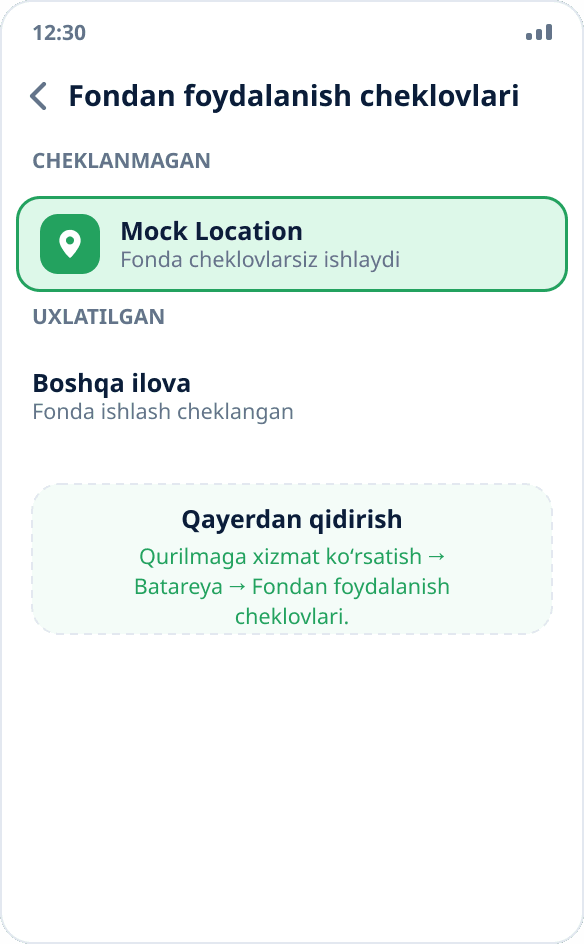 Samsung sozlamalari: Mock Location fonda ishlash uchun «Hech qachon uxlamaydigan ilovalar» roʻyxatiga qoʻshilgan
