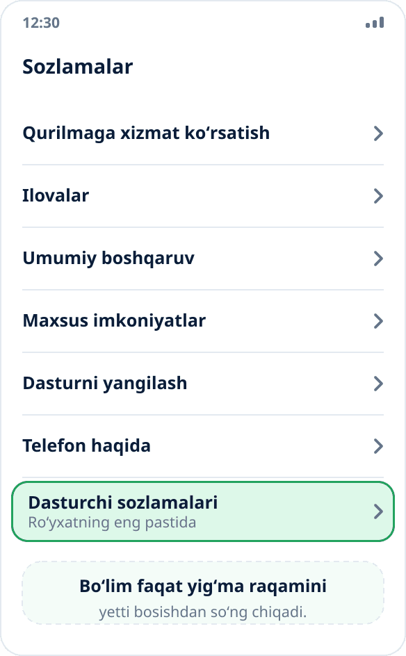 Samsung sozlamalarining umumiy roʻyxati: «Dasturchi sozlamalari» bandi eng pastda