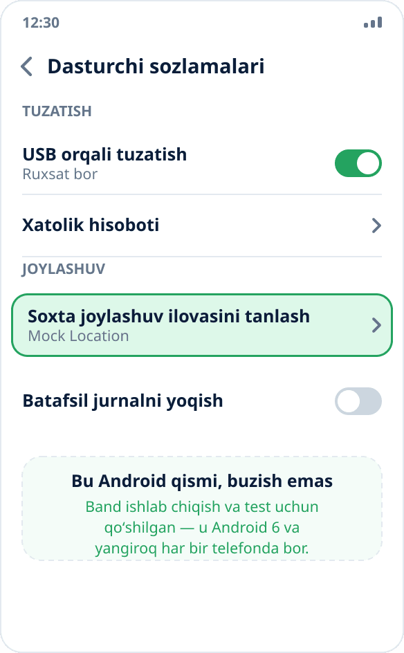 Android dasturchi sozlamalaridagi «Soxta joylashuv ilovasini tanlash» bandi — USB orqali nosozliklarni tuzatish yonida