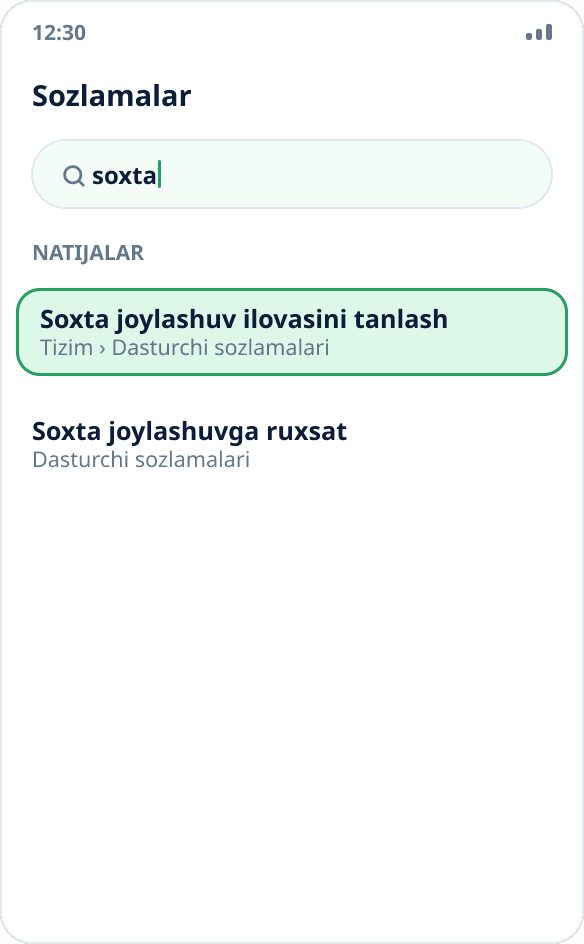 Android sozlamalarida «soxta» soʻzi boʻyicha qidiruv: «Soxta joylashuv ilovasini tanlash» bandi topildi