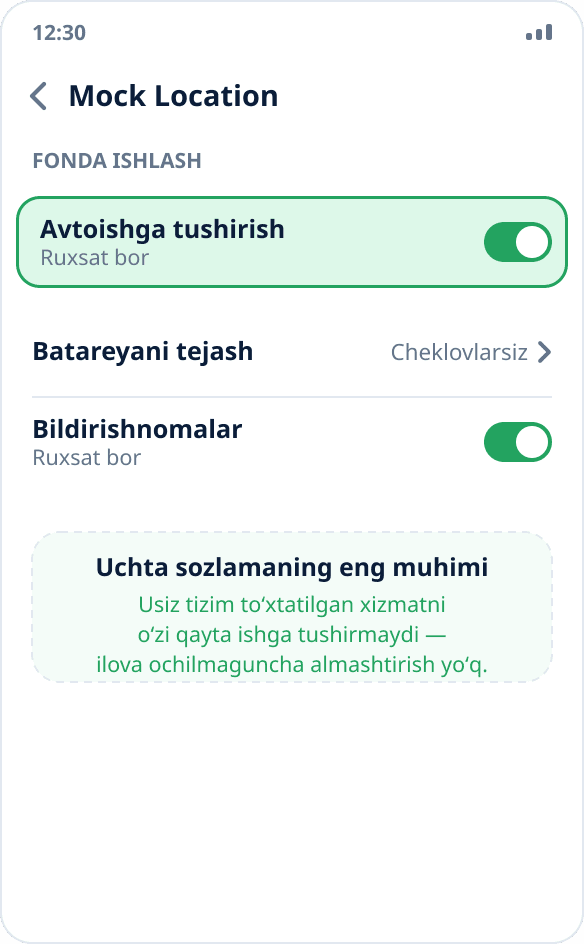 MIUI sozlamalaridagi ilova ekrani: «Avtoishga tushirish» kaliti yoqilgan