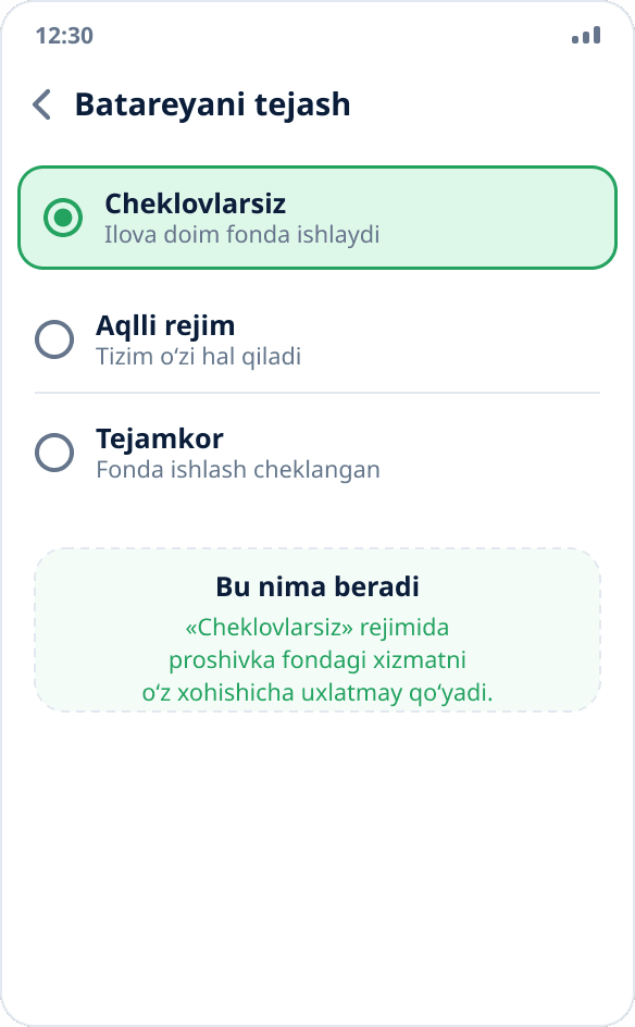 Ilova uchun batareyani tejash rejimini tanlash: «Cheklovlarsiz» belgilangan