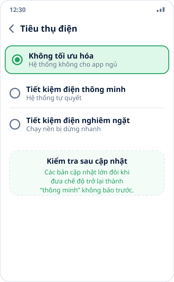 Chọn chế độ tiêu thụ điện trên ColorOS: “Không tối ưu hóa” được chọn cho ứng dụng